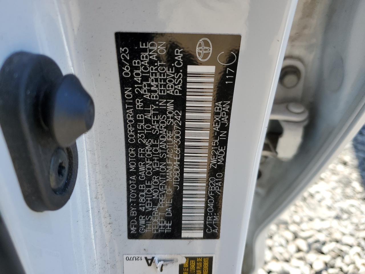 2023 TOYOTA COROLLA LE VIN:JTDBDMHE6P3007242