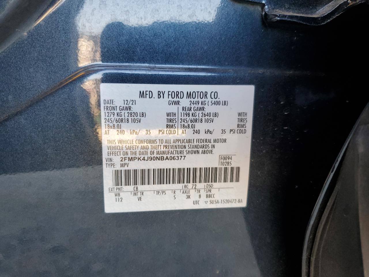 2022 FORD EDGE SEL VIN:2FMPK4J90NBA06377