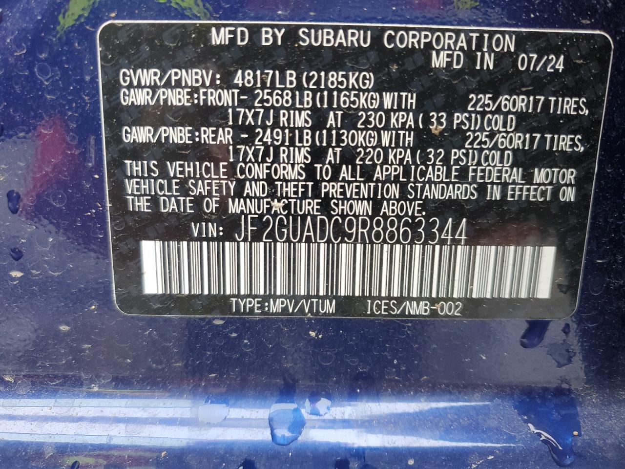 2024 SUBARU CROSSTREK PREMIUM VIN:JF2GUADC9R8863344