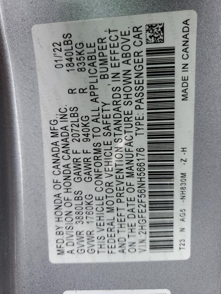 2022 HONDA CIVIC SPORT VIN:2HGFE2F56NH566176