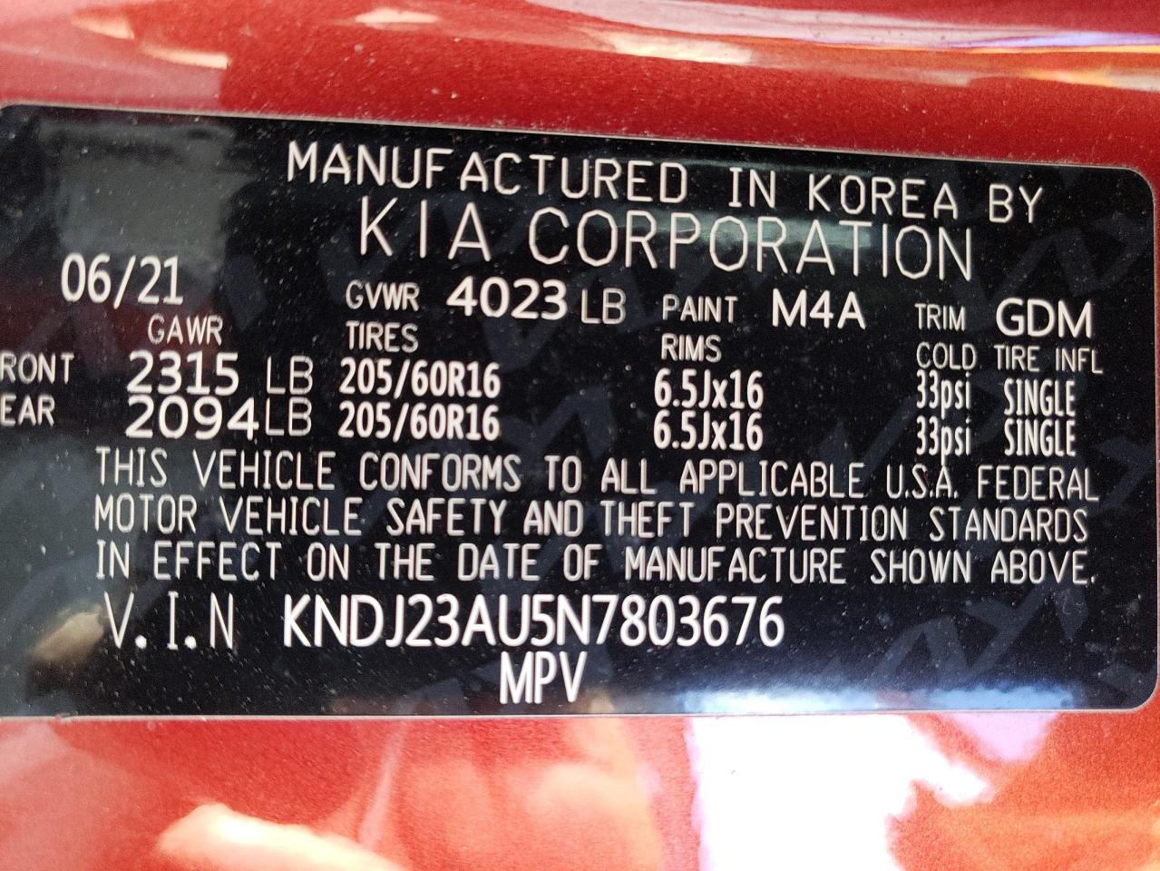 2022 KIA SOUL LX VIN:KNDJ23AU5N7803676