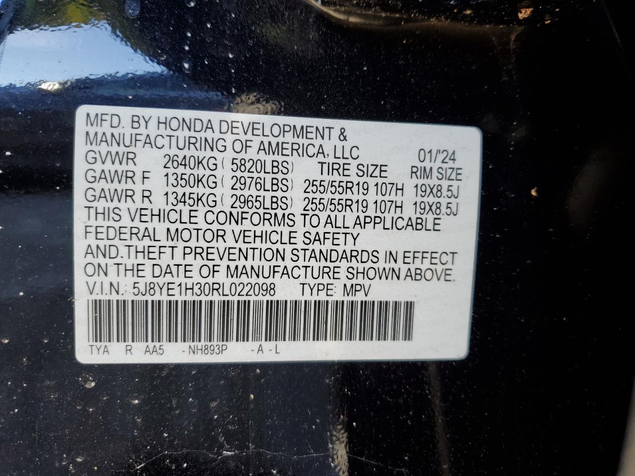 2024 ACURA MDX  VIN:5J8YE1H30RL022098