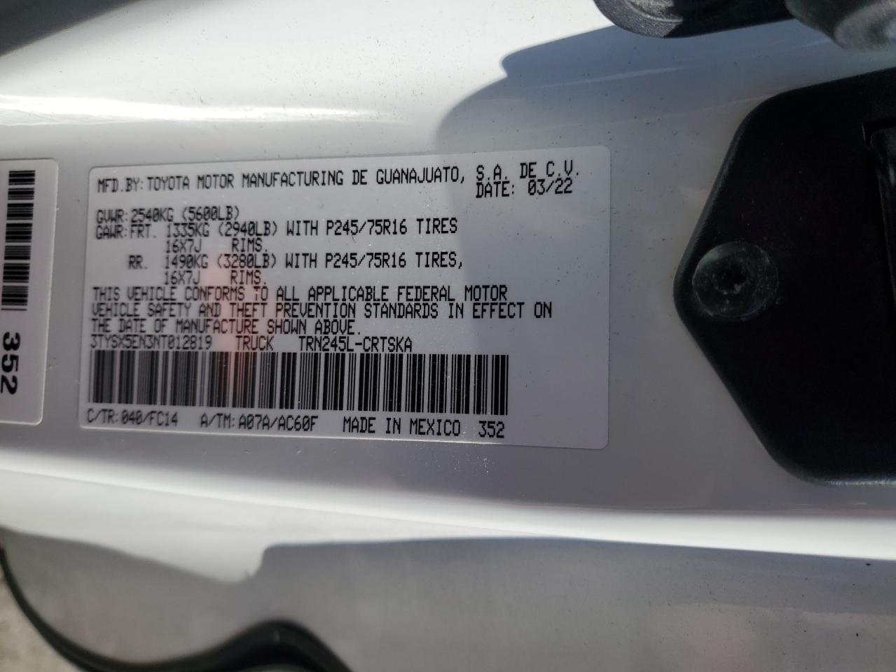 2022 TOYOTA TACOMA ACCESS CAB VIN:3TYSX5EN3NT012819