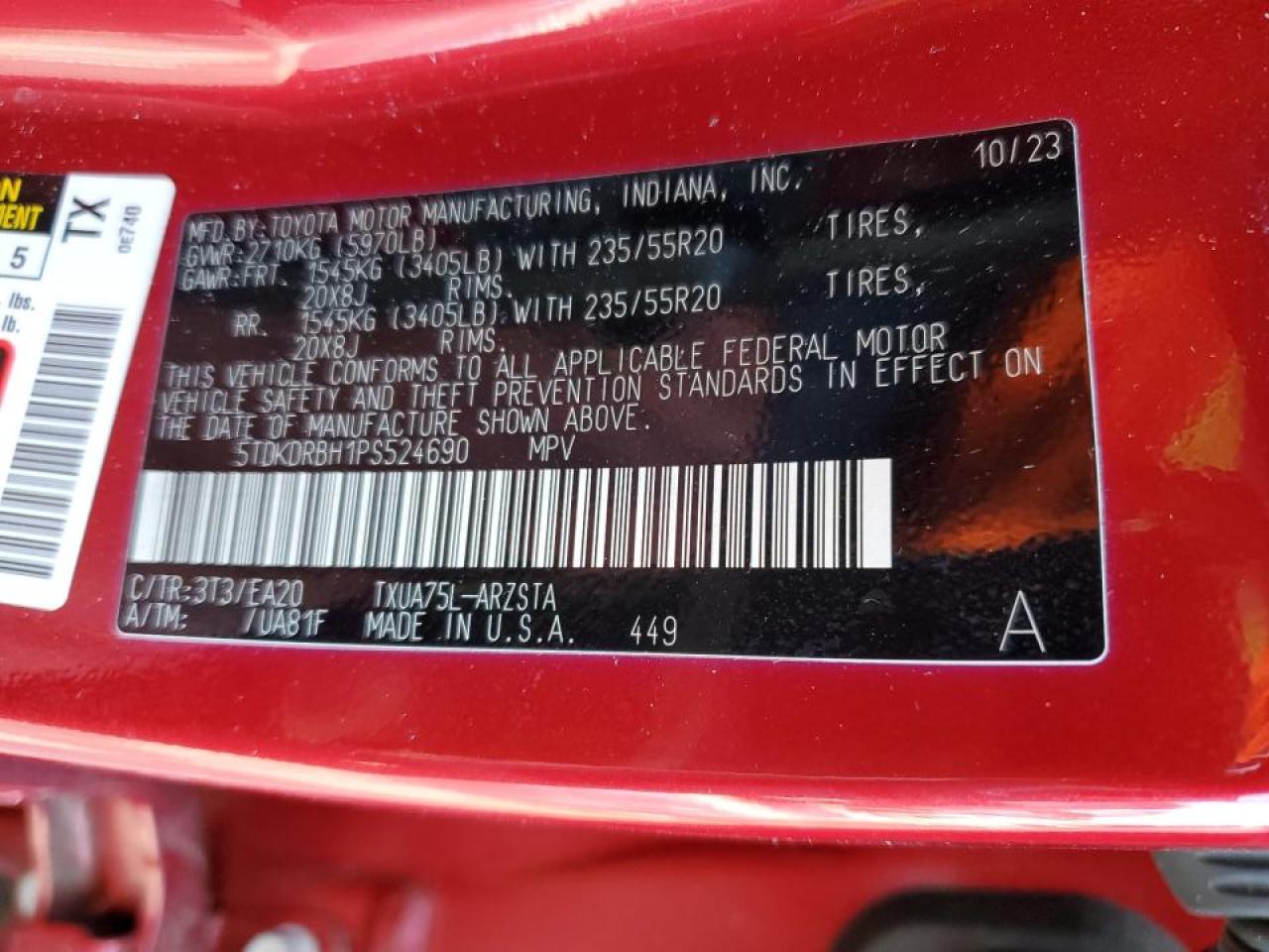 2023 TOYOTA HIGHLANDER L VIN:5TDKDRBH1PS524690