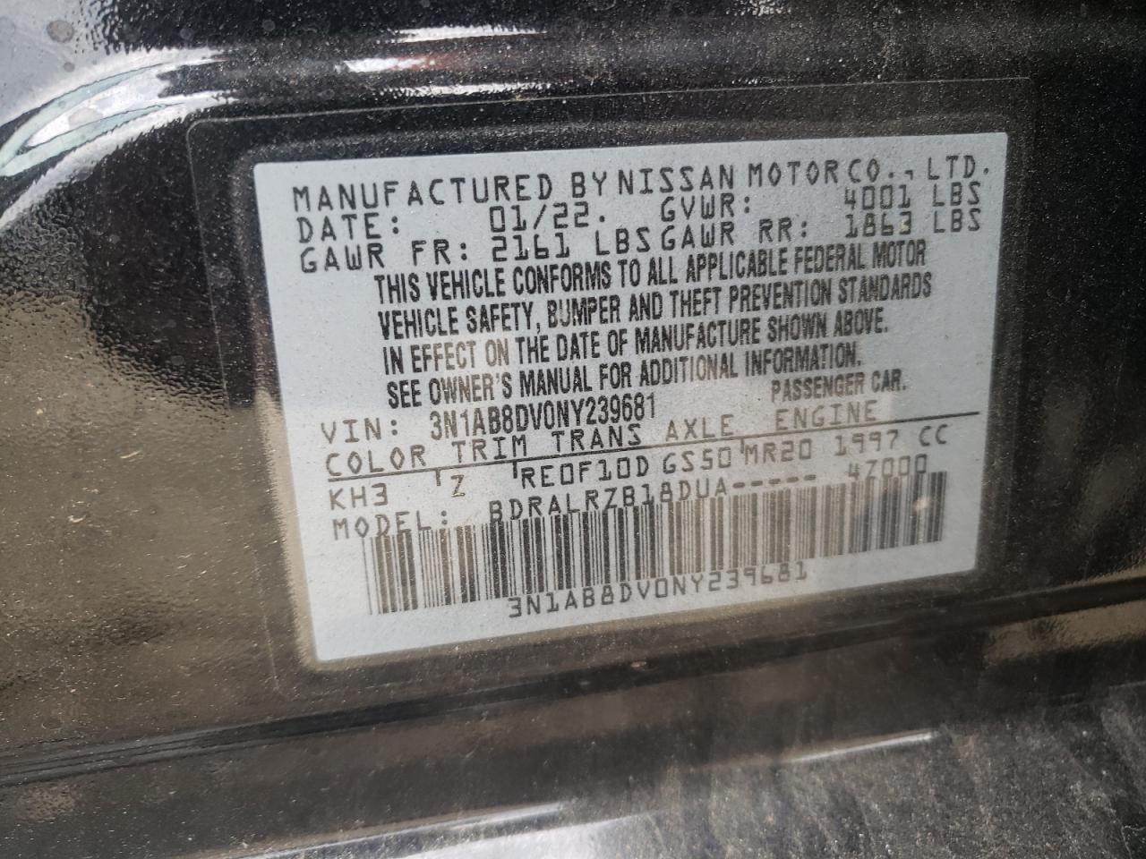 2022 NISSAN SENTRA SR VIN:3N1AB8DV0NY239681