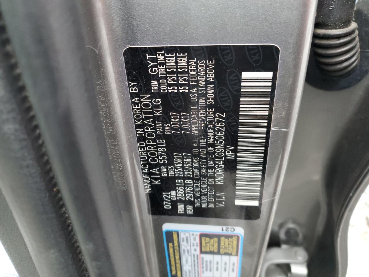 2022 KIA SORENTO S VIN:KNDRG4LG9N5062672
