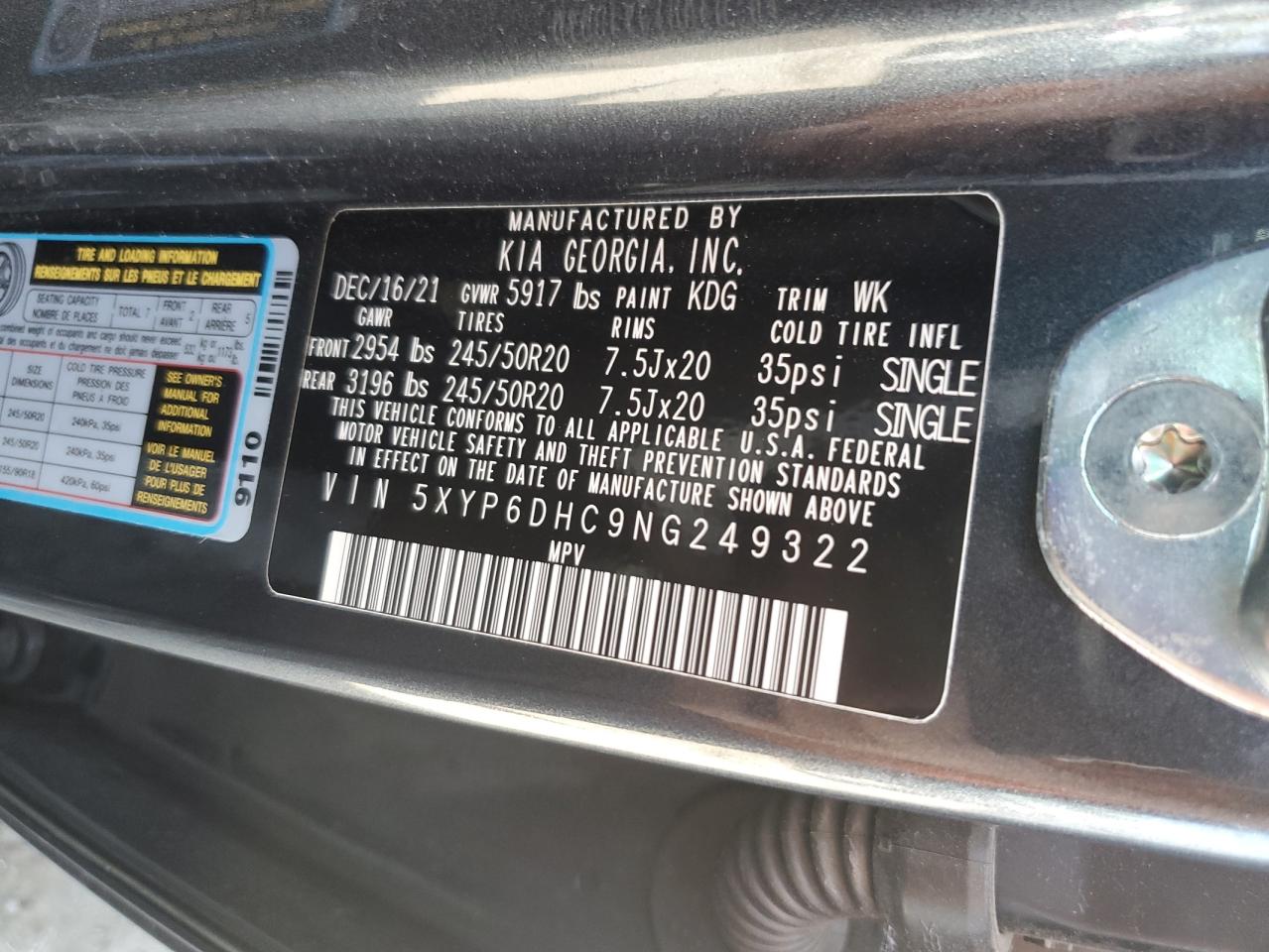 2022 KIA TELLURIDE S VIN:5XYP6DHC9NG249322