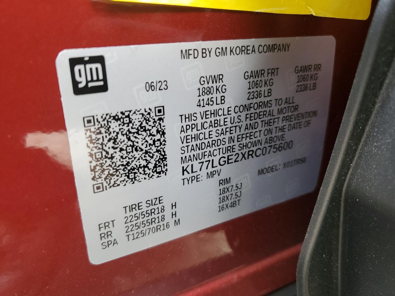 2024 CHEVROLET TRAX 1RS VIN:KL77LGE2XRC075600