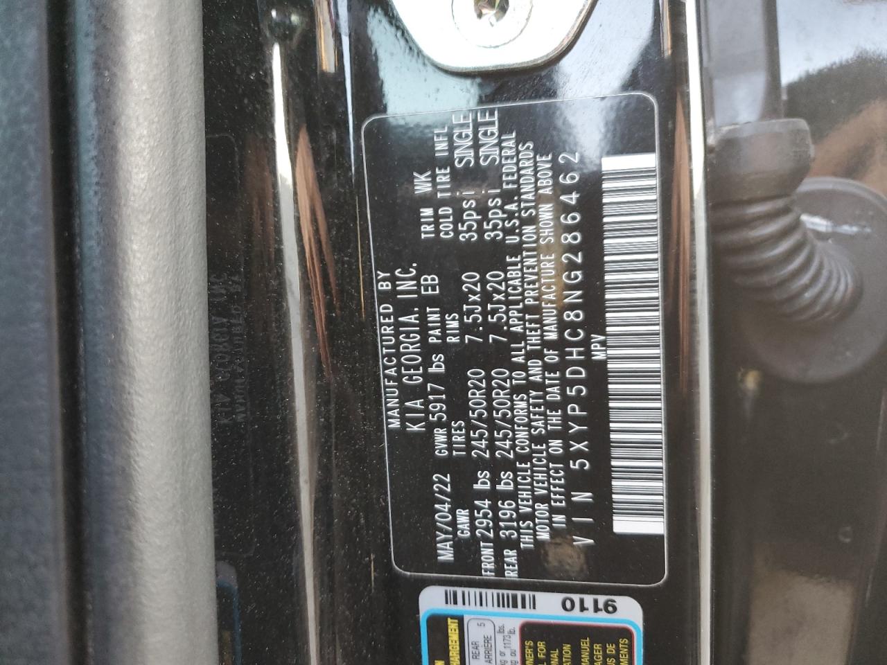 2022 KIA TELLURIDE SX VIN:5XYP5DHC8NG286462