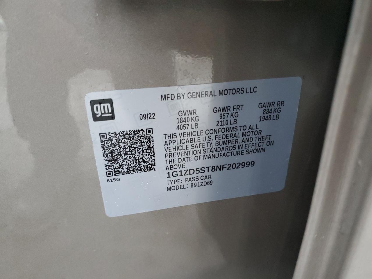 2022 CHEVROLET MALIBU LT VIN:1G1ZD5ST8NF202999