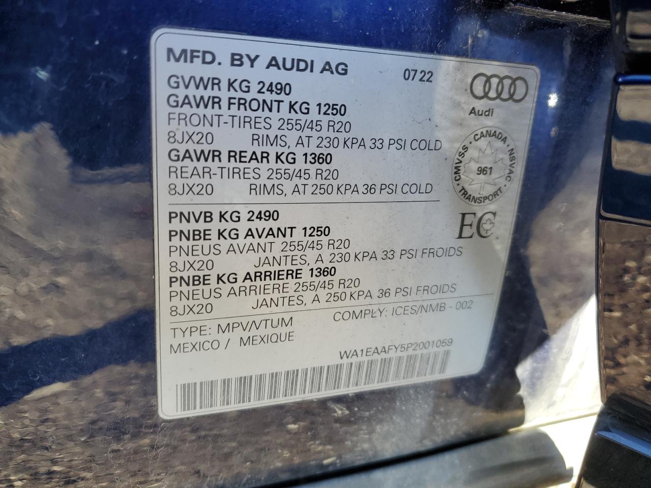 2023 AUDI Q5 PREMIUM PLUS 45 VIN:WA1EAAFY5P2001059