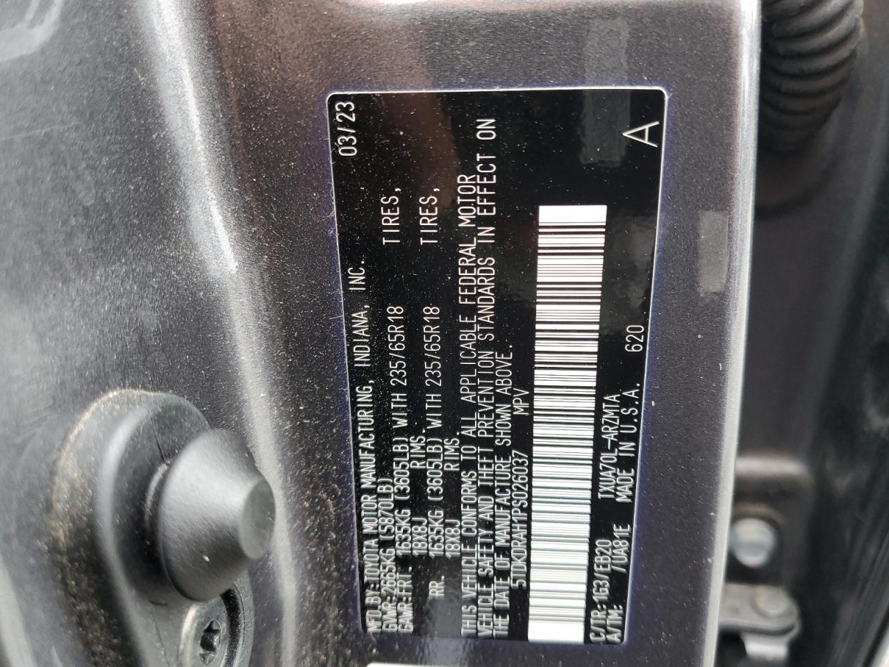 2023 TOYOTA HIGHLANDER L VIN:5TDKDRAH1PS026037