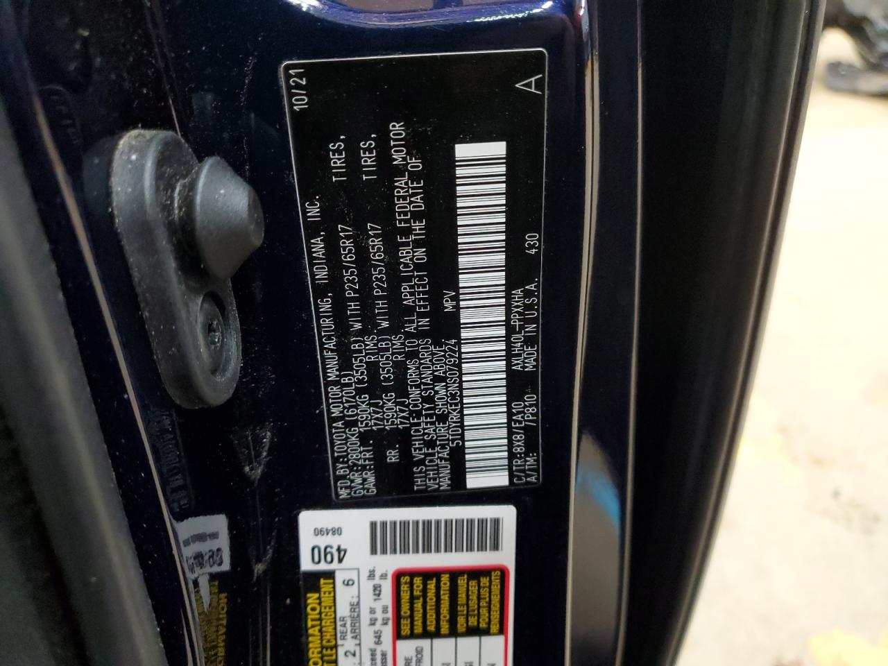 2022 TOYOTA SIENNA XLE VIN:5TDYRKEC3NS079224
