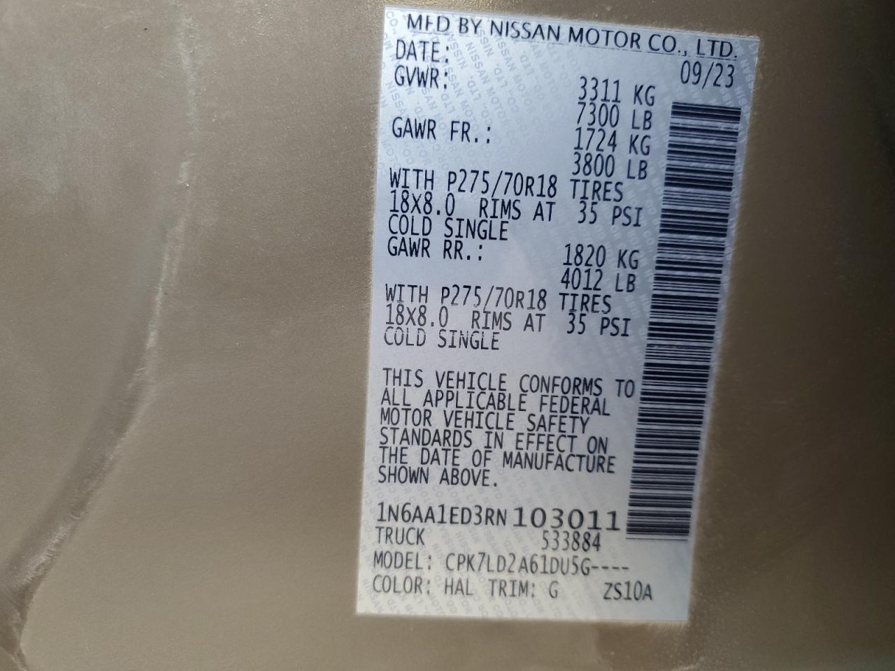 2024 NISSAN TITAN PRO-4X VIN:1N6AA1ED3RN103011