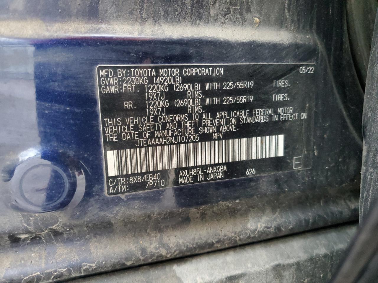 2022 TOYOTA VENZA LE VIN:JTEAAAAH2NJ107205