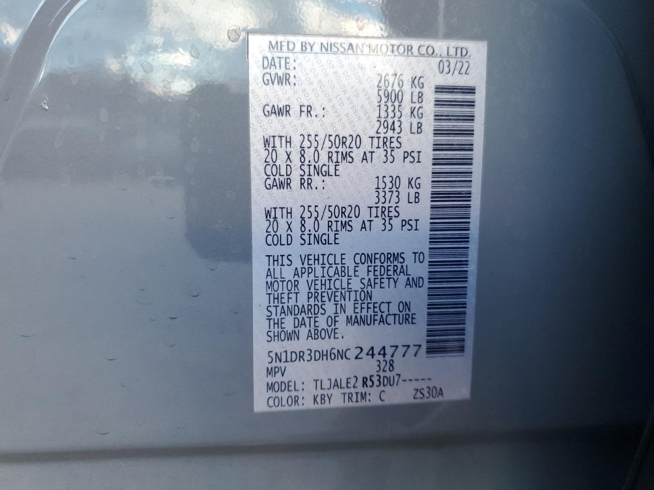 2022 NISSAN PATHFINDER PLATINUM VIN:5N1DR3DH6NC244777