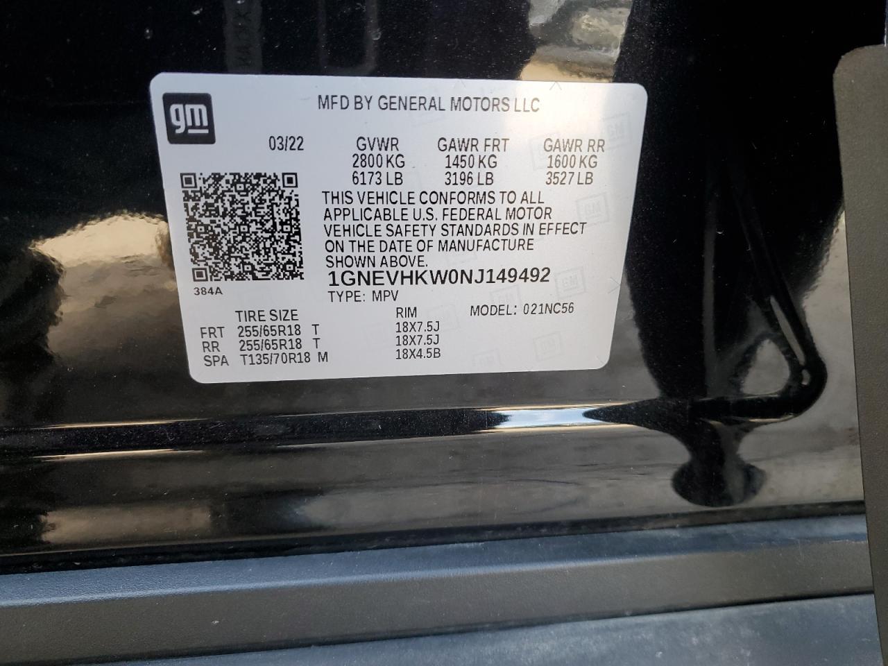 2022 CHEVROLET TRAVERSE LT VIN:1GNEVHKW0NJ149492