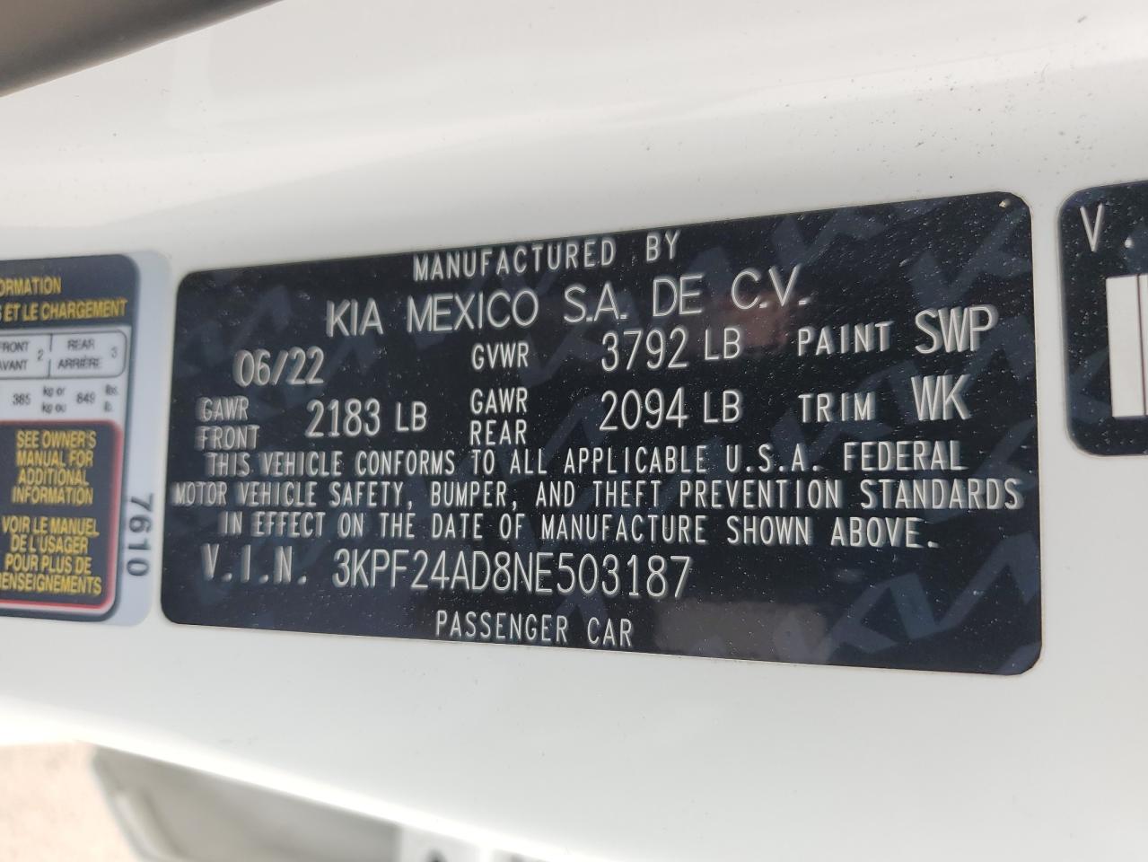 2022 KIA FORTE FE VIN:3KPF24AD8NE503187