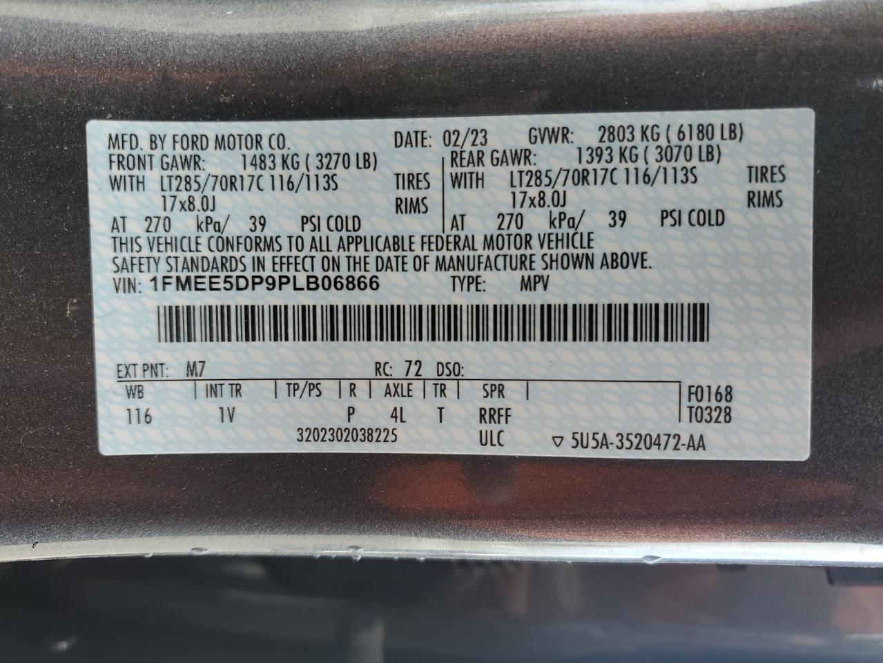 2023 FORD BRONCO BASE VIN:1FMEE5DP9PLB06866