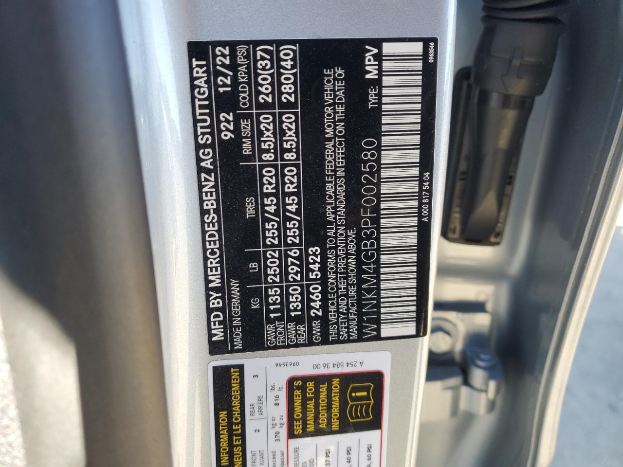 2023 MERCEDES-BENZ GLC 300 VIN:W1NKM4GB3PF002580