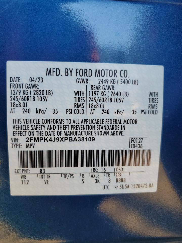 2023 FORD EDGE SEL VIN:2FMPK4J9XPBA38109