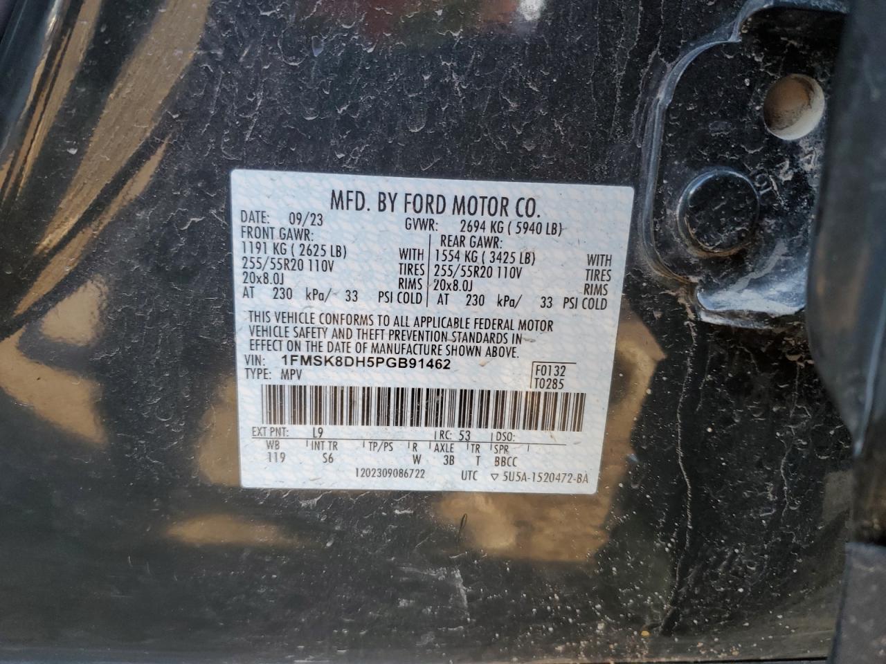 2023 FORD EXPLORER XLT VIN:1FMSK8DH5PGB91462
