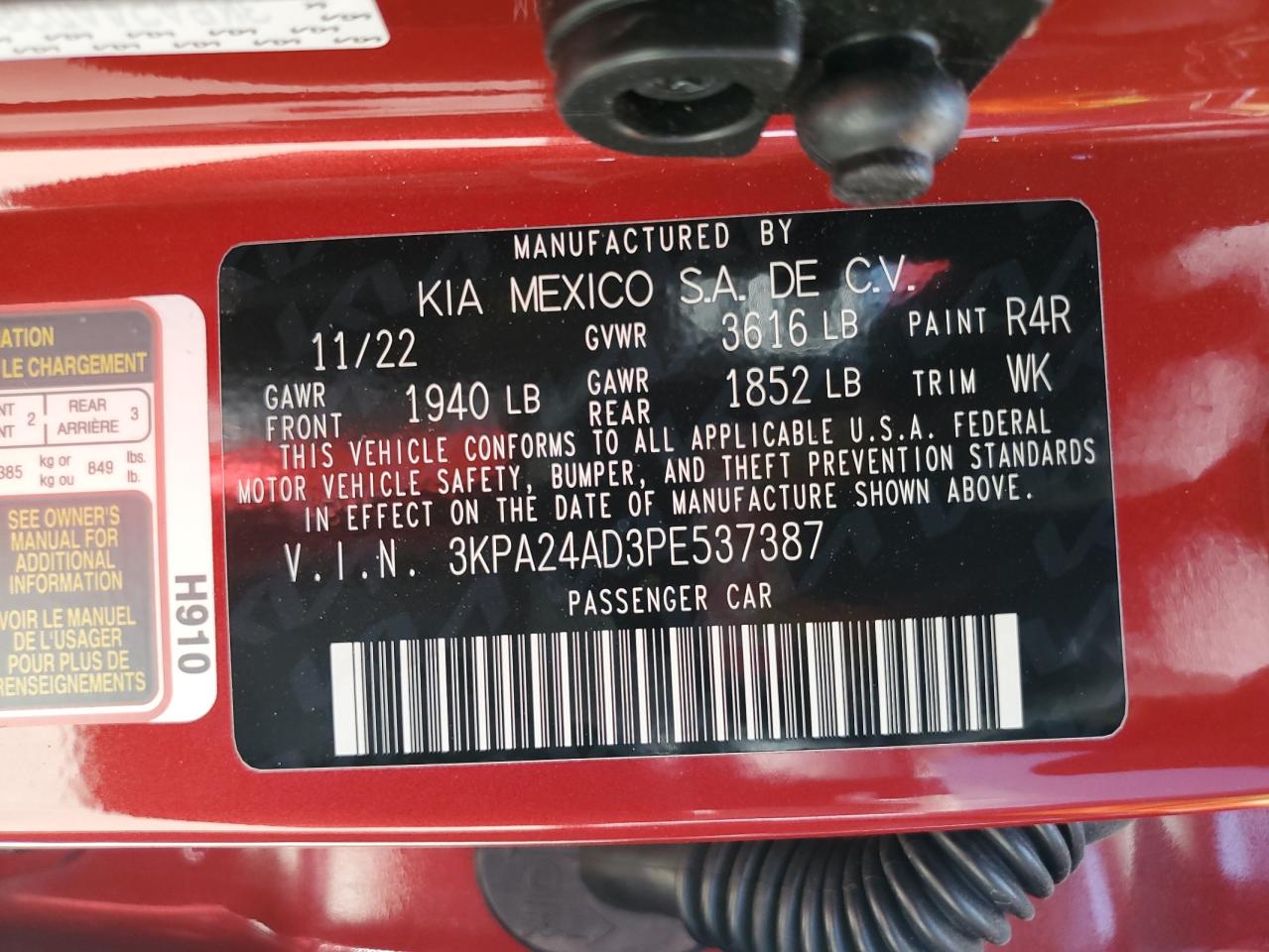 2023 KIA RIO LX VIN:3KPA24AD3PE537387