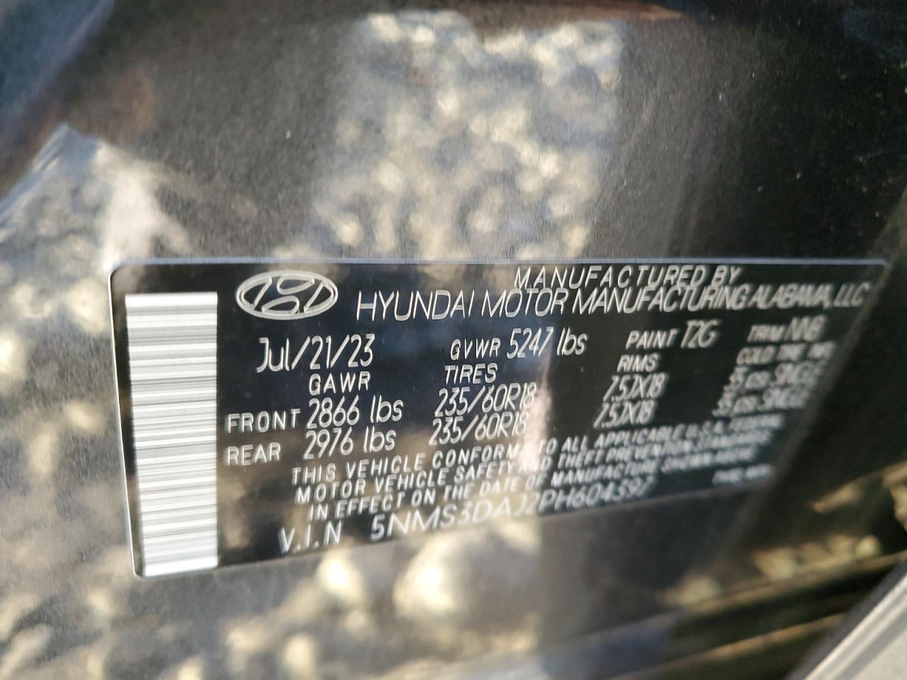 2023 HYUNDAI SANTA FE SEL PREMIUM VIN:5NMS3DAJ2PH604397