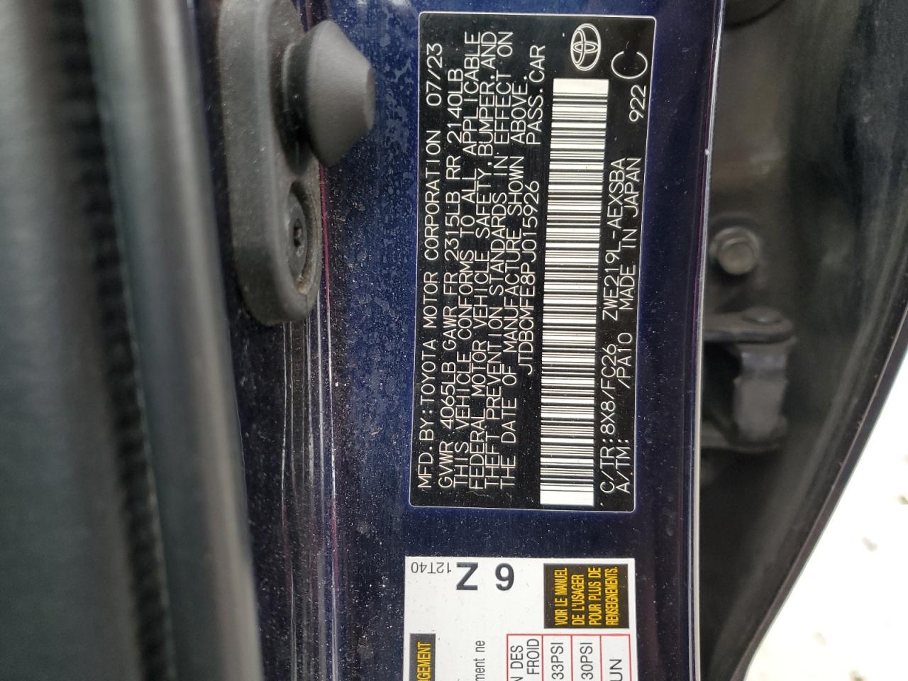 2023 TOYOTA COROLLA LE VIN:JTDBCMFE8PJ015926