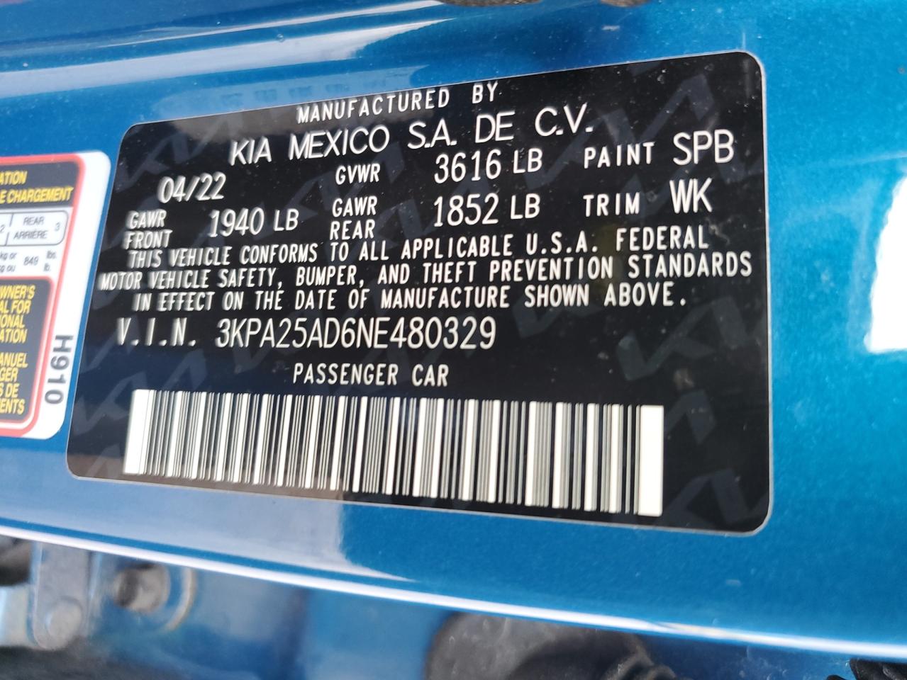 2022 KIA RIO S VIN:3KPA25AD6NE480329
