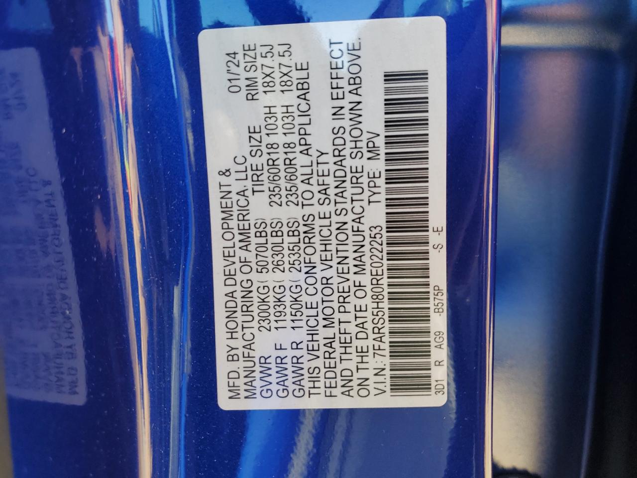 2024 HONDA CR-V SPORT-L VIN:7FARS5H80RE022253