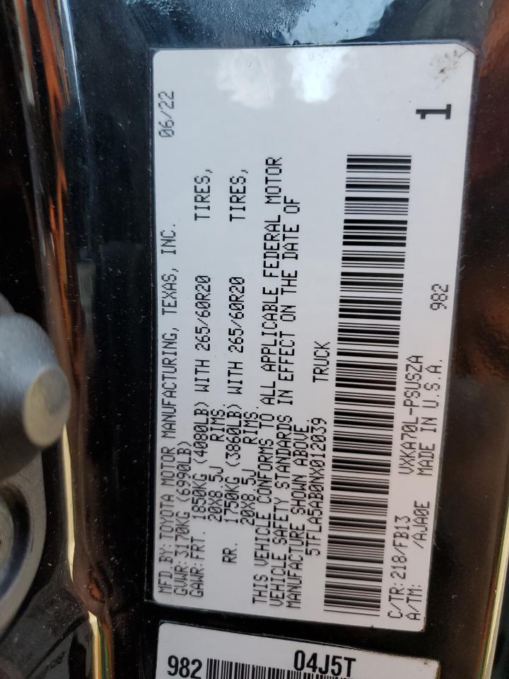 2022 TOYOTA TUNDRA CREWMAX SR VIN:5TFLA5AB0NX012039