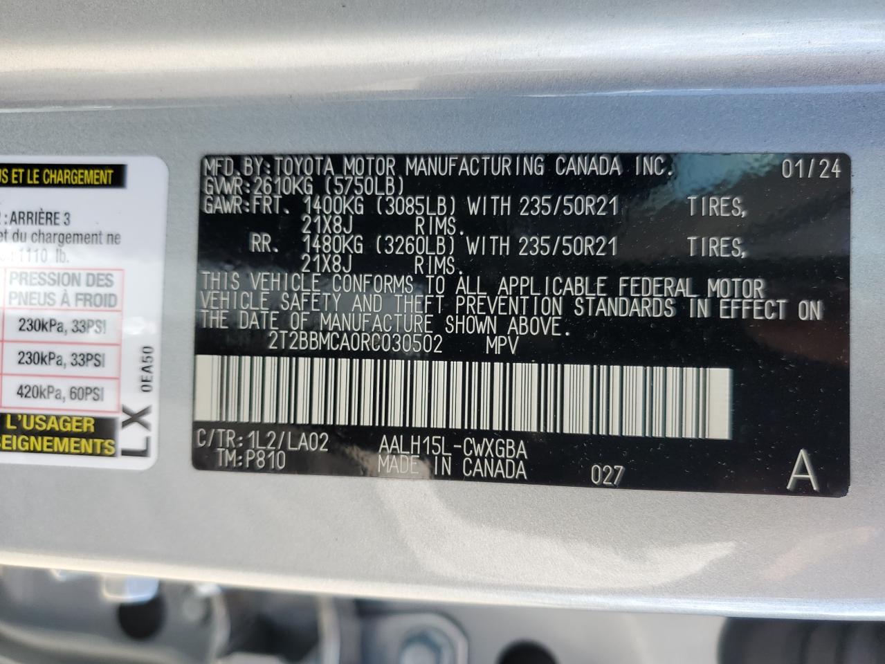 2024 LEXUS RX 350H BASE VIN:2T2BBMCA0RC030502