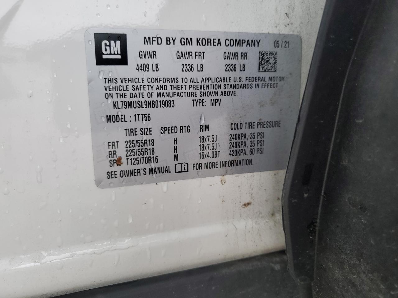 2022 CHEVROLET TRAILBLAZER RS VIN:KL79MUSL9NB019083