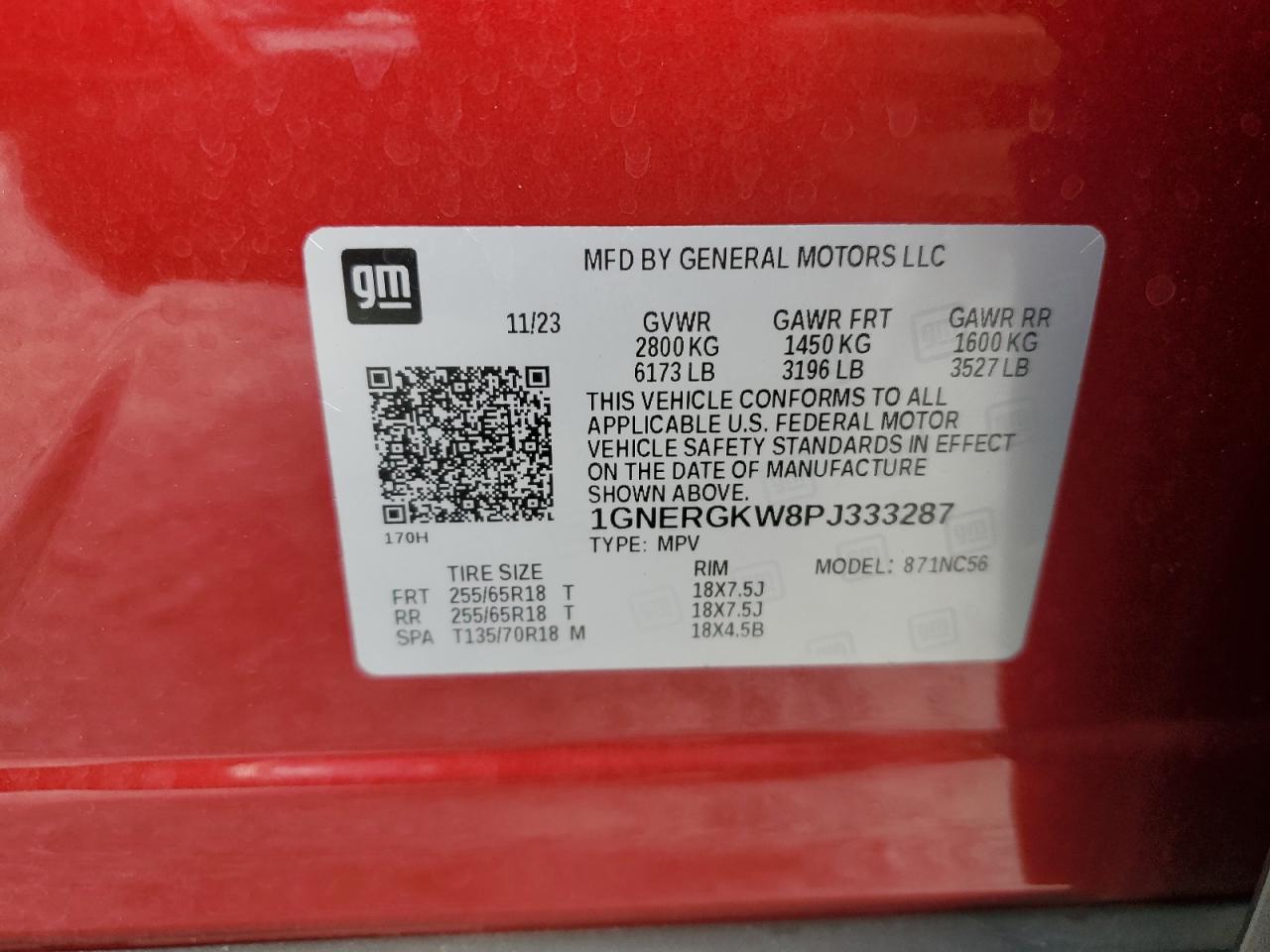 2023 CHEVROLET TRAVERSE LT VIN:1GNERGKW8PJ333287