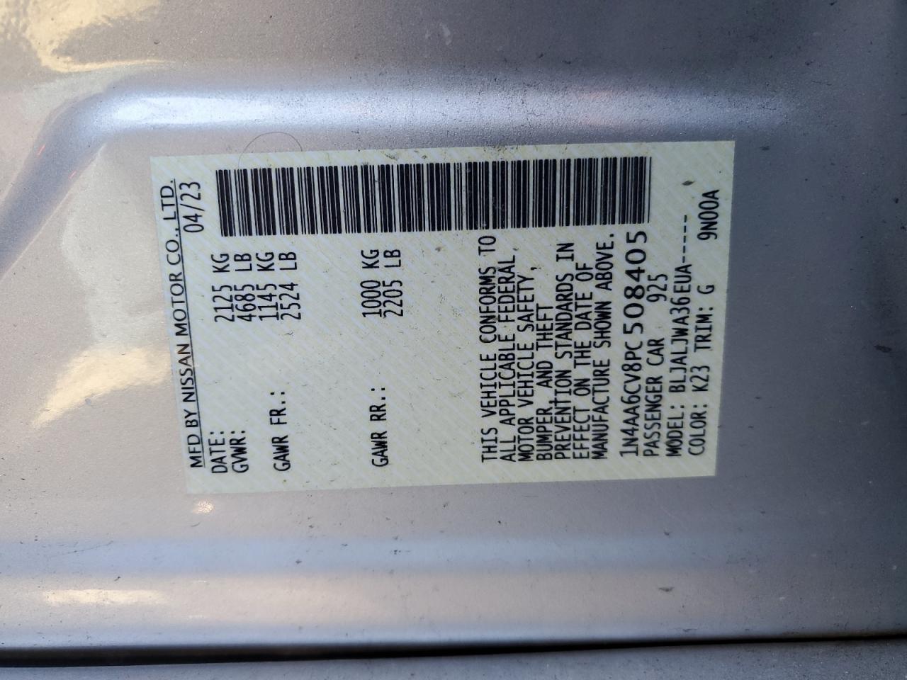 2023 NISSAN MAXIMA SV VIN:1N4AA6CV8PC508405