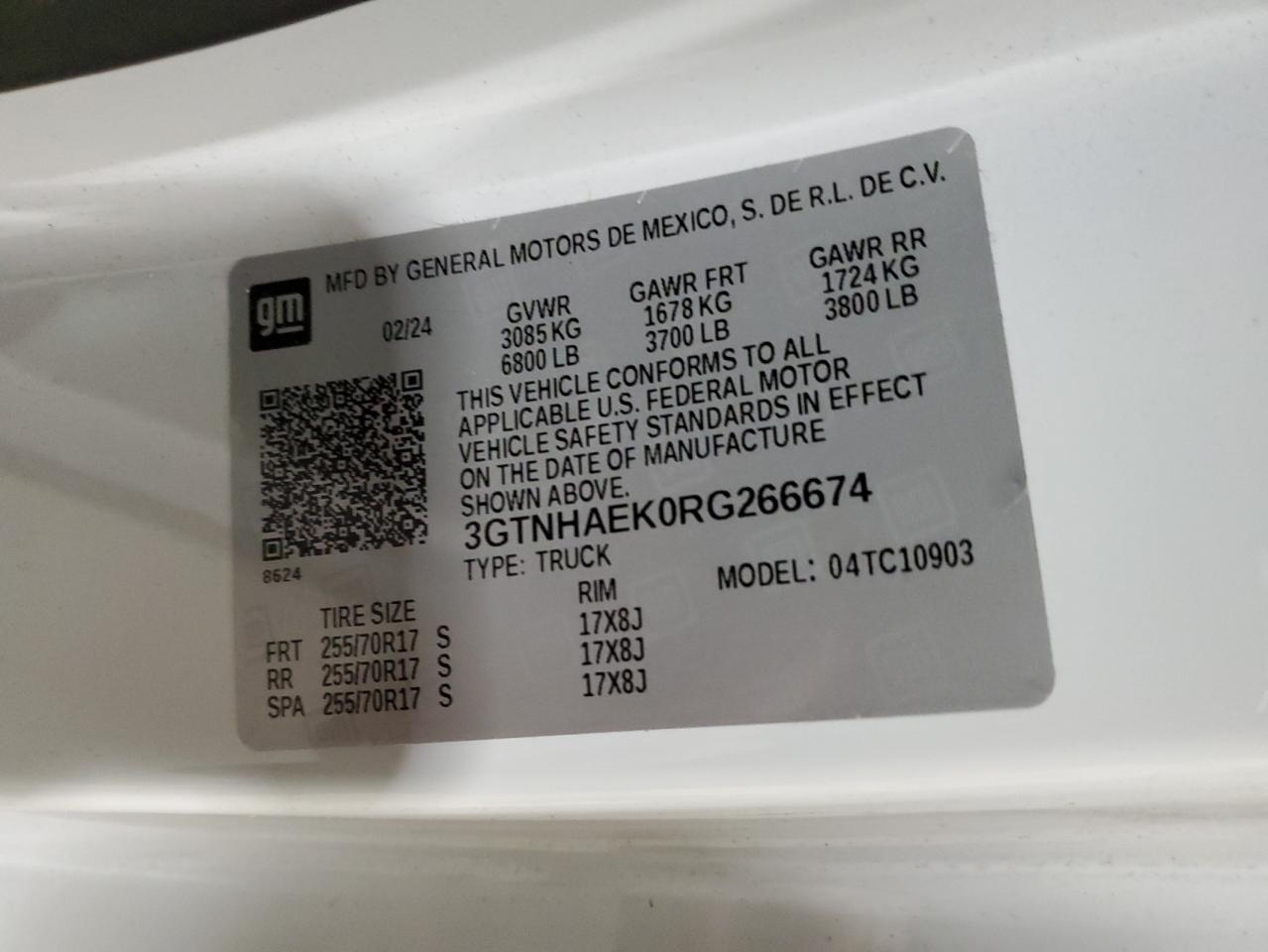 2024 GMC SIERRA C1500 VIN:3GTNHAEK0RG266674