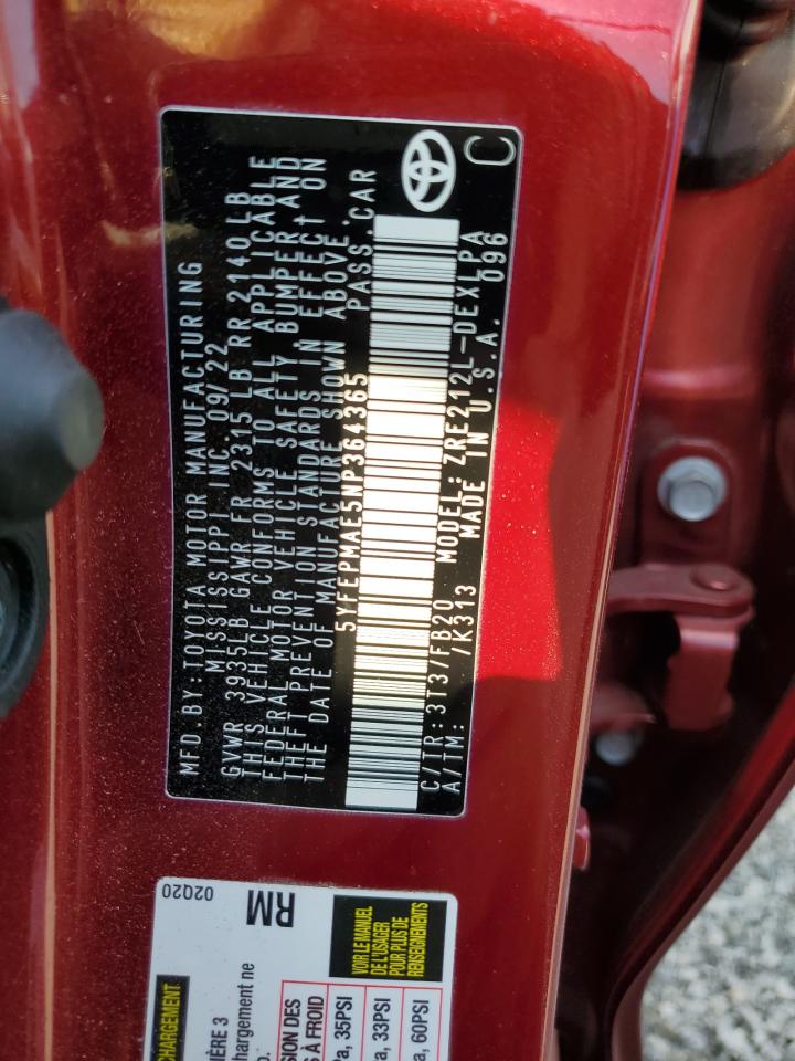 2022 TOYOTA COROLLA LE VIN:5YFEPMAE5NP364365