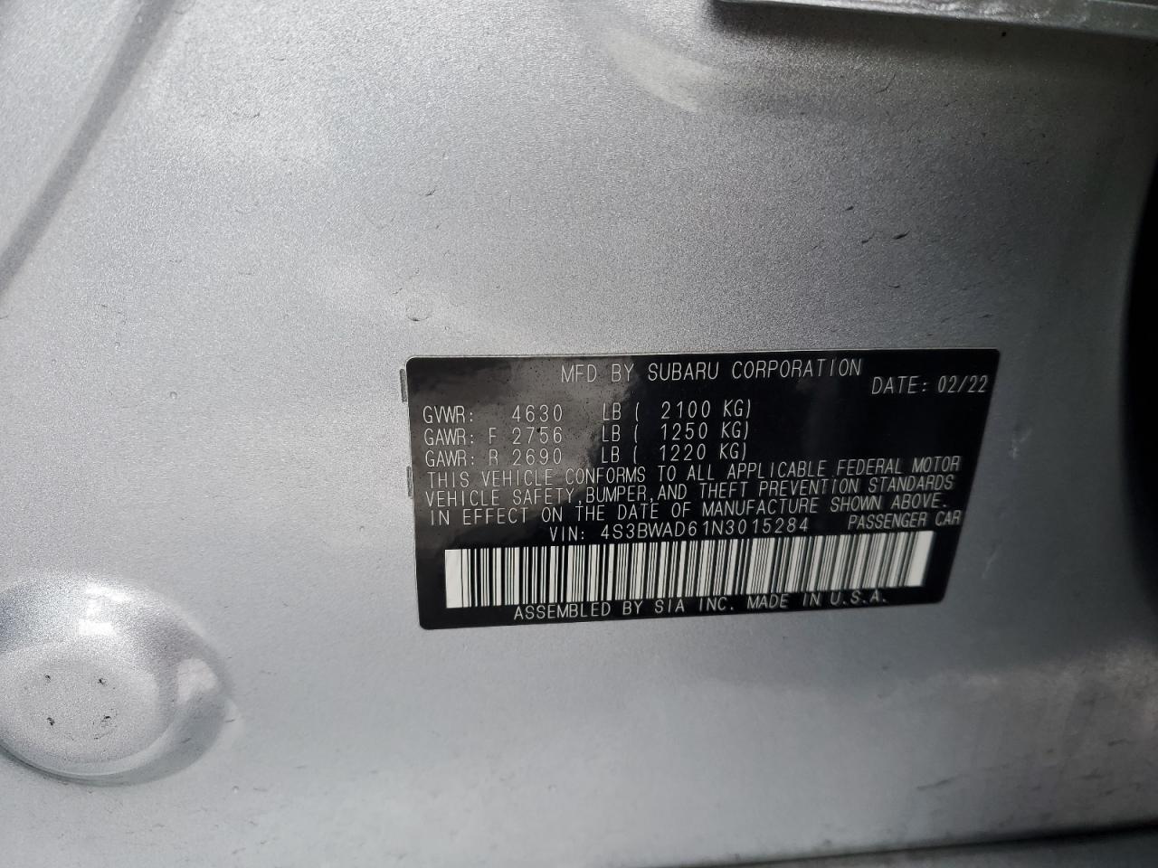 2022 SUBARU LEGACY PREMIUM VIN:4S3BWAD61N3015284