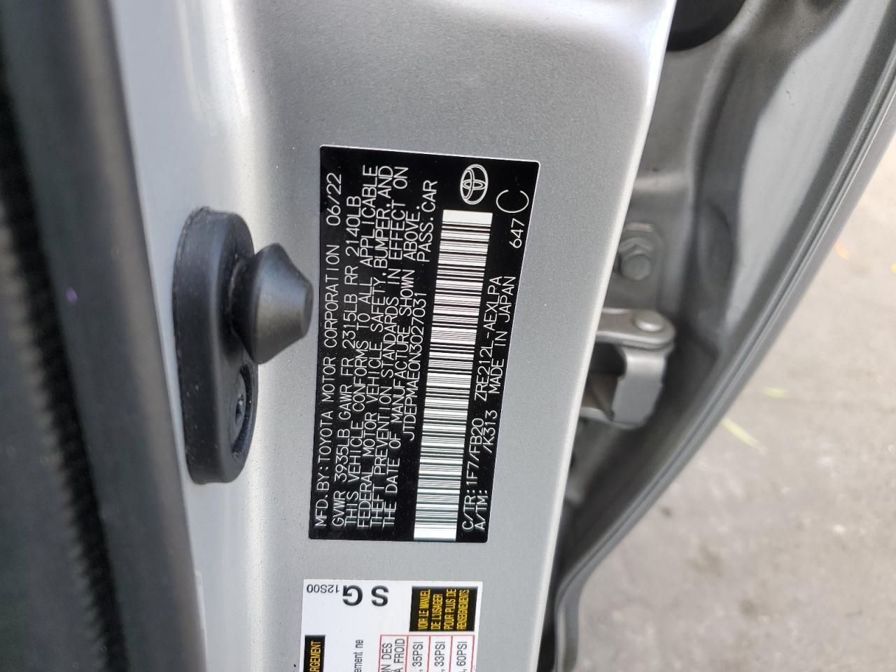 2022 TOYOTA COROLLA LE VIN:JTDEPMAE0N3027031