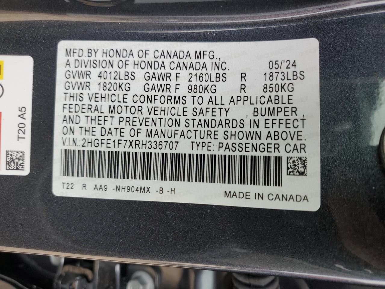 2024 HONDA CIVIC EX VIN:2HGFE1F7XRH336707