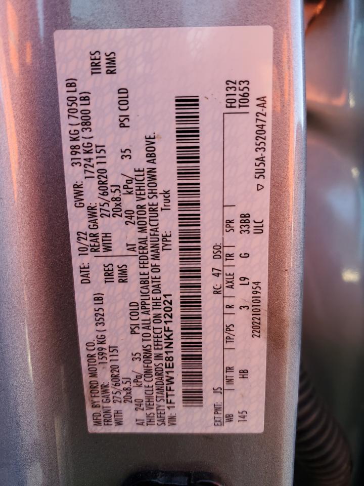 2022 FORD F150 SUPERCREW VIN:1FTFW1E81NKF12021