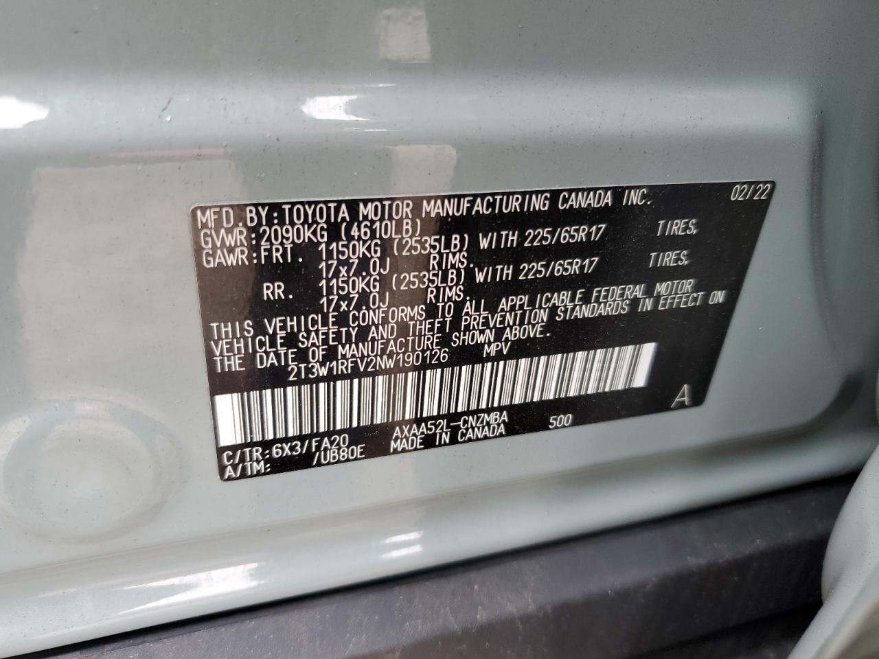 2022 TOYOTA RAV4 XLE VIN:2T3W1RFV2NW190126