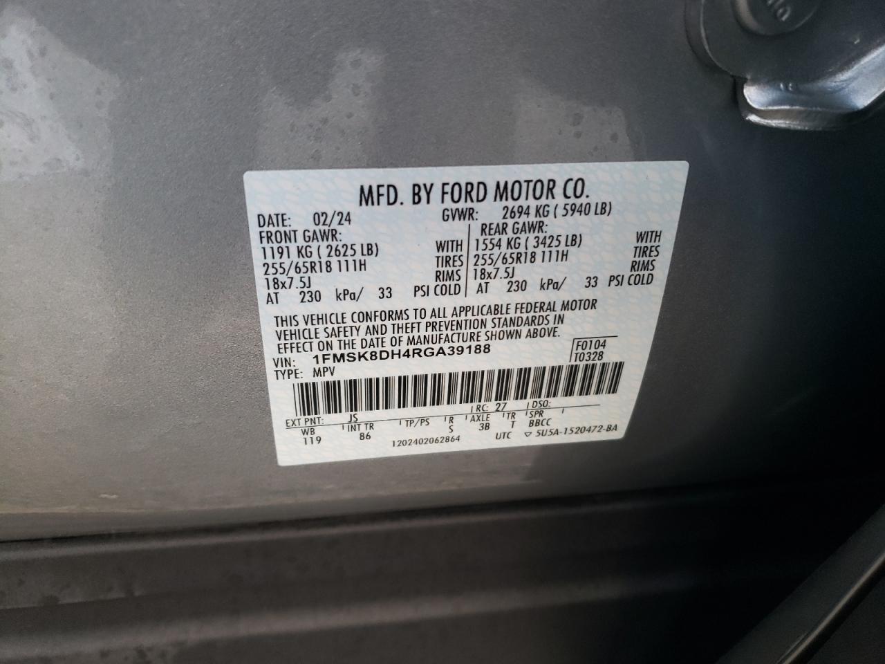 2024 FORD EXPLORER XLT VIN:1FMSK8DH4RGA39188