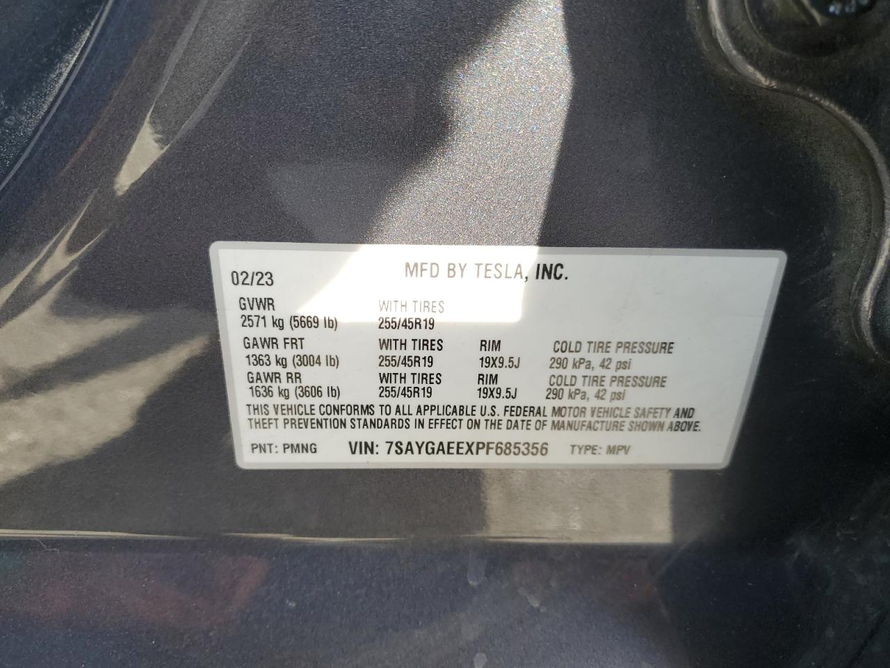 2023 TESLA MODEL Y  VIN:7SAYGAEEXPF685356