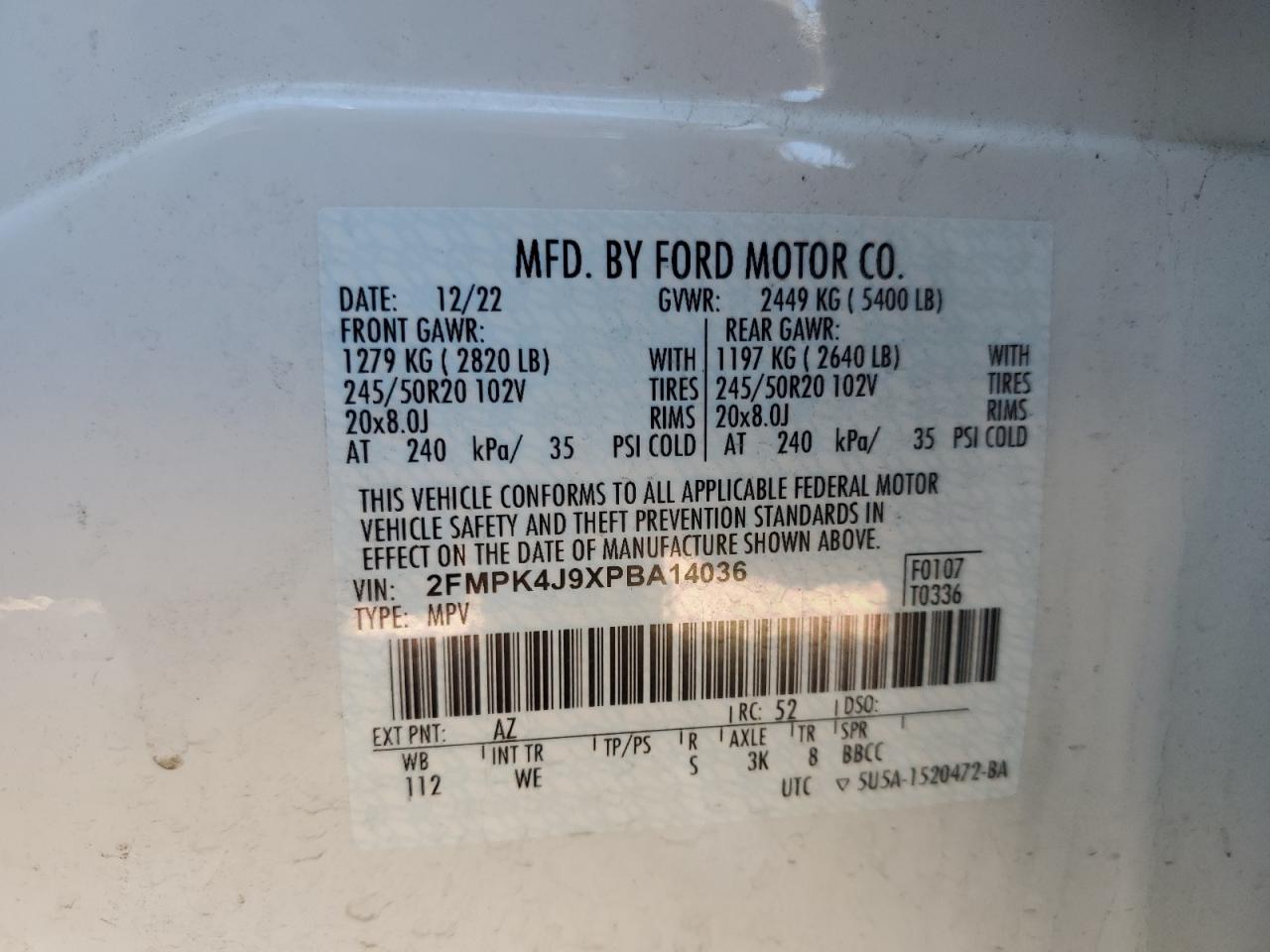 2023 FORD EDGE SEL VIN:2FMPK4J9XPBA14036