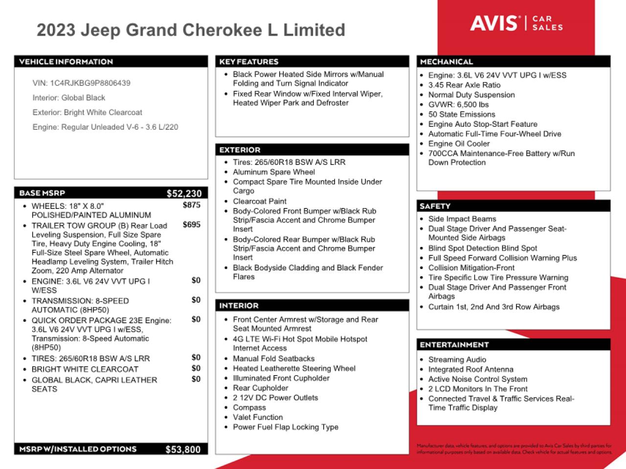 2023 JEEP GRAND CHEROKEE L LIMITED VIN:1C4RJKBG9P8806439