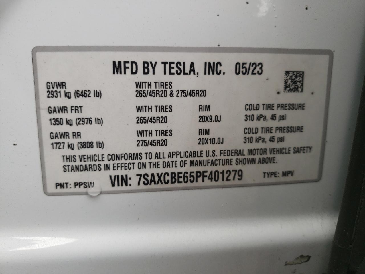 2023 TESLA MODEL X  VIN:7SAXCBE65PF401279