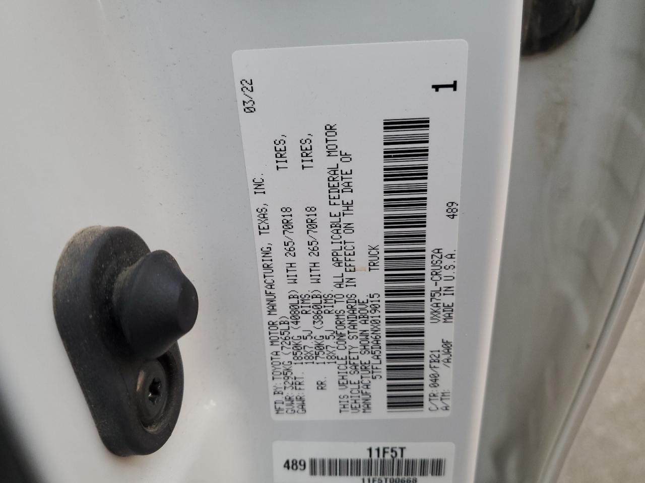 2022 TOYOTA TUNDRA DOUBLE CAB SR VIN:5TFLA5DA6NX019015