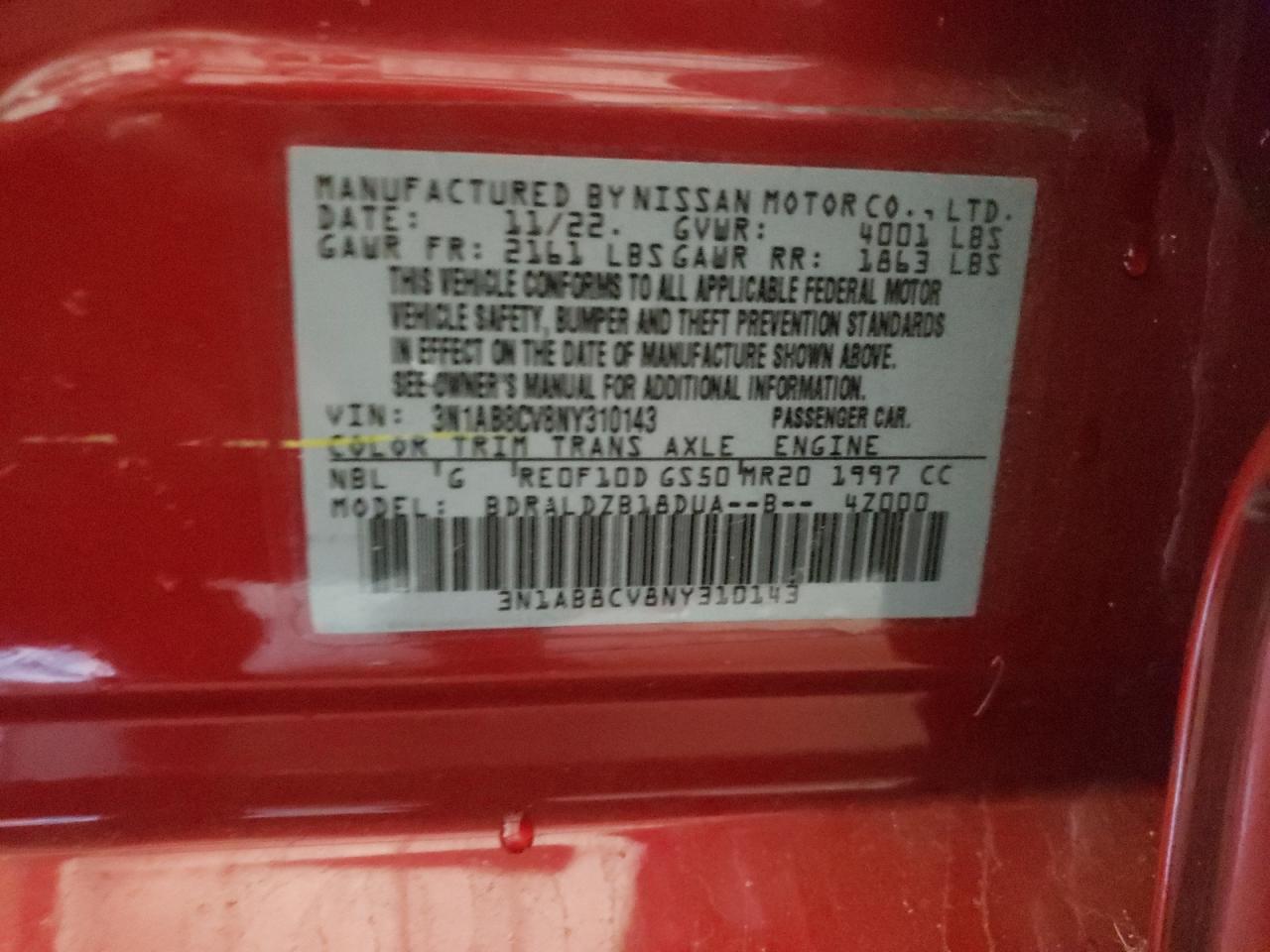 2022 NISSAN SENTRA SV VIN:3N1AB8CV8NY310143